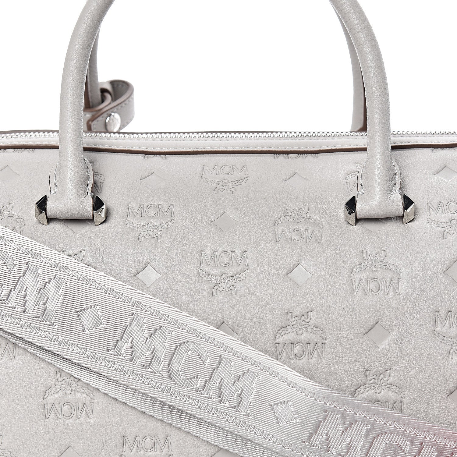 MCM Calfskin Ottomar Monogram Essential Boston Bag Dove 7 of 9