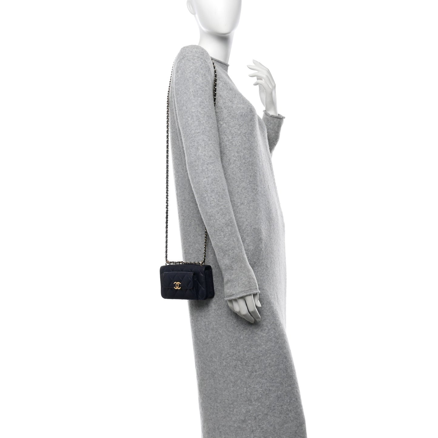 Caviar Quilted Pocket Twins Clutch With Chain Navy Blue
