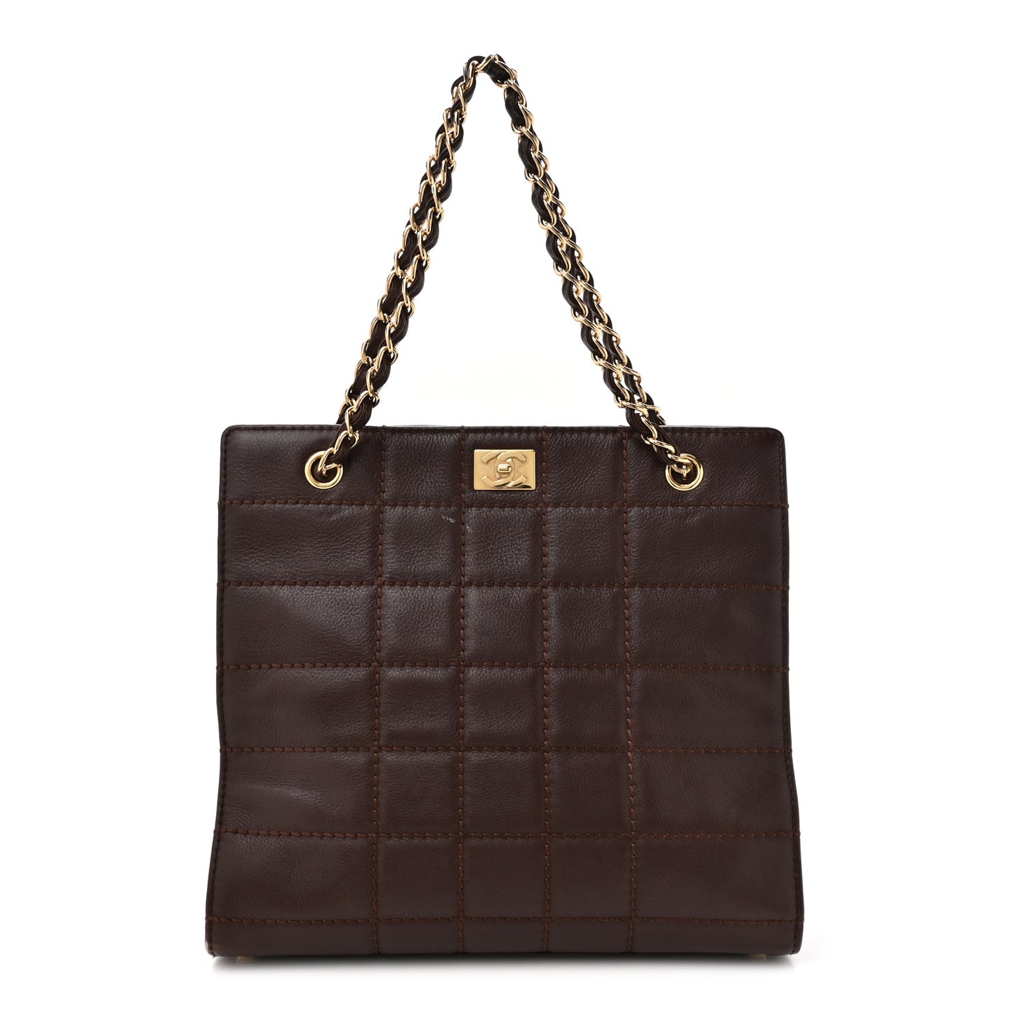 Calfskin Stitched Chocolate Bar Shopping Tote Dark Brown
