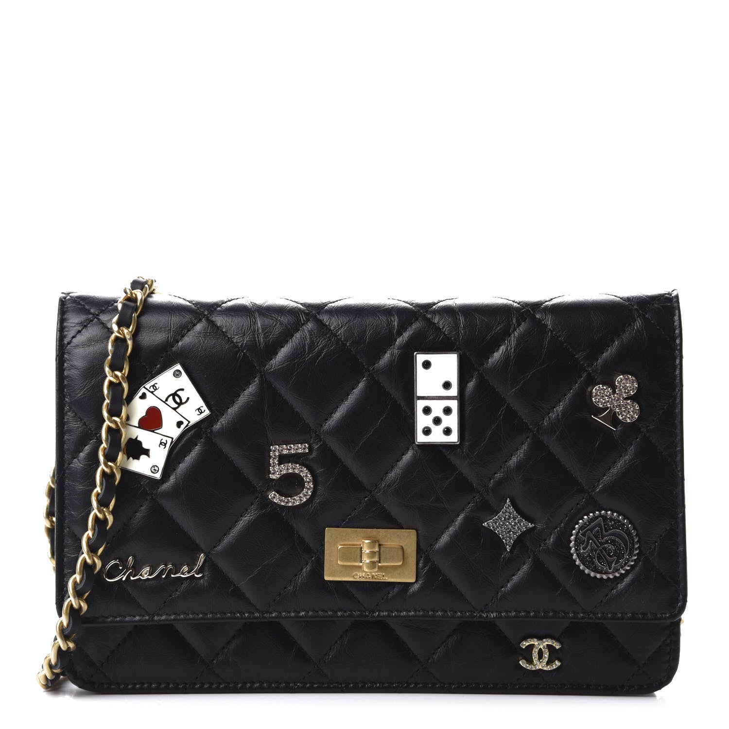 Chanel Aged Calfskin Quilted Lucky Charms Casino 2.55 Reissue Wallet On Chain WOC Black 1 of 12