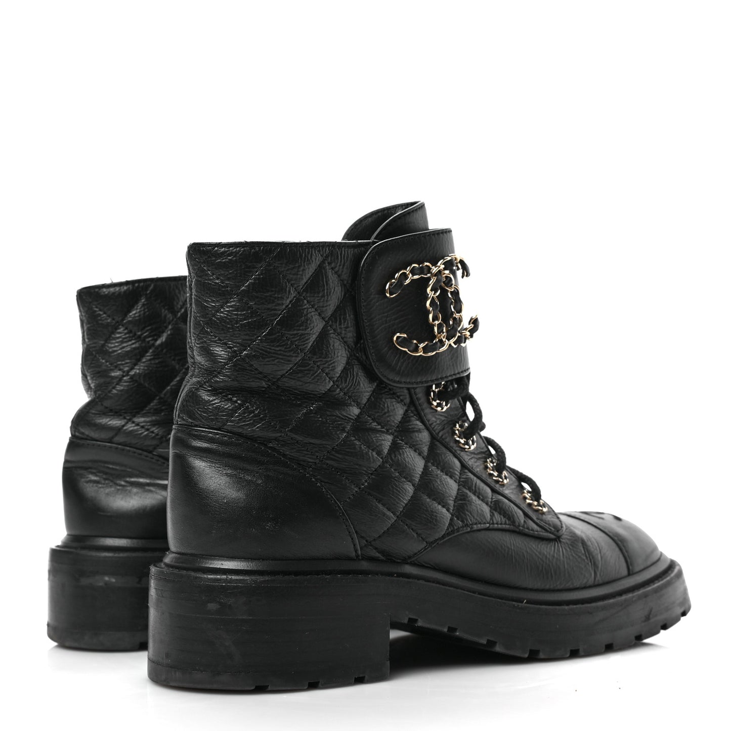 Shiny Goatskin Calfskin Quilted Lace Up Combat Boots 38 Black
