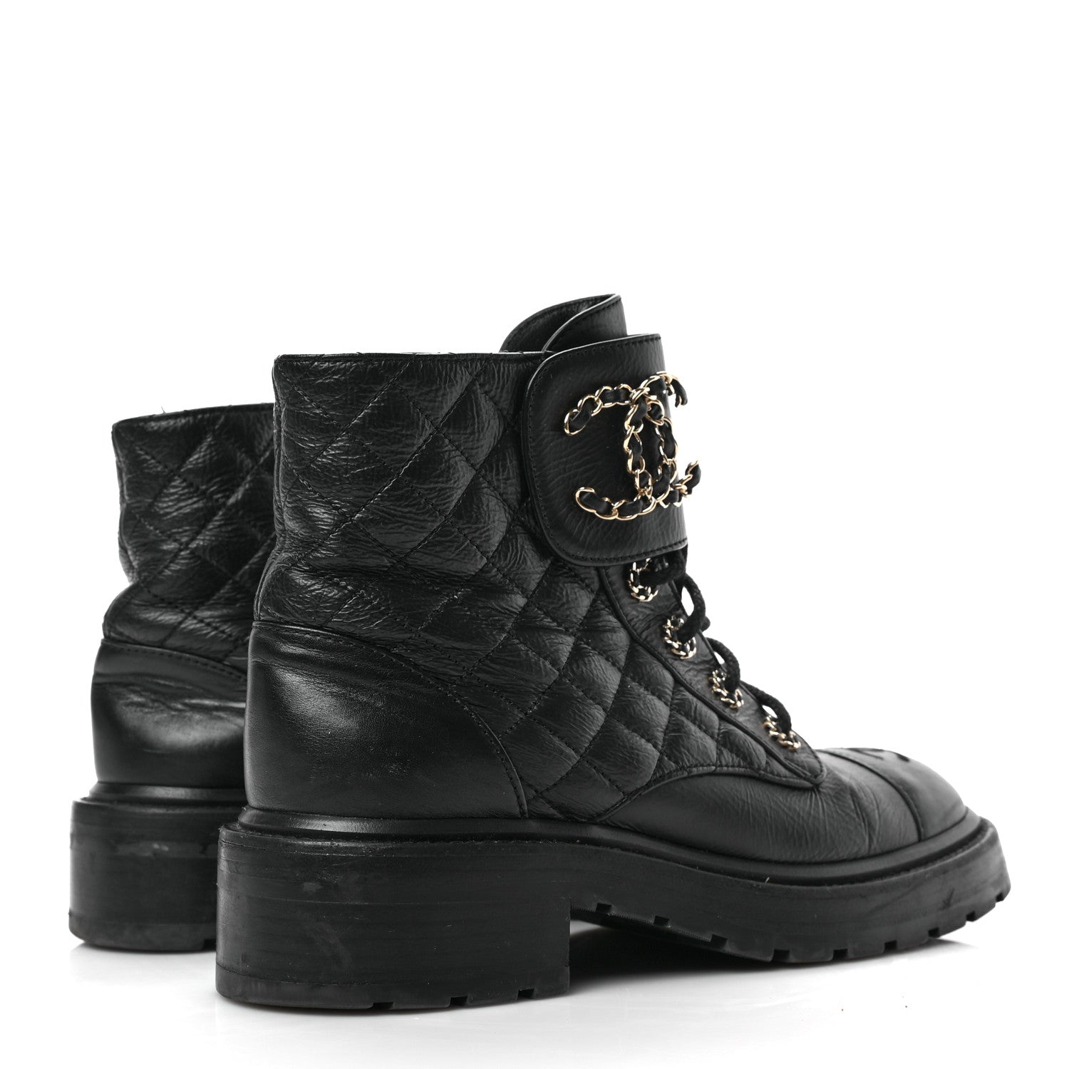 Chanel Shiny Goatskin Calfskin Quilted Lace Up Combat Boots 38 Black 4 of 5