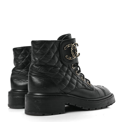 Chanel Shiny Goatskin Calfskin Quilted Lace Up Combat Boots 38 Black 4 of 5