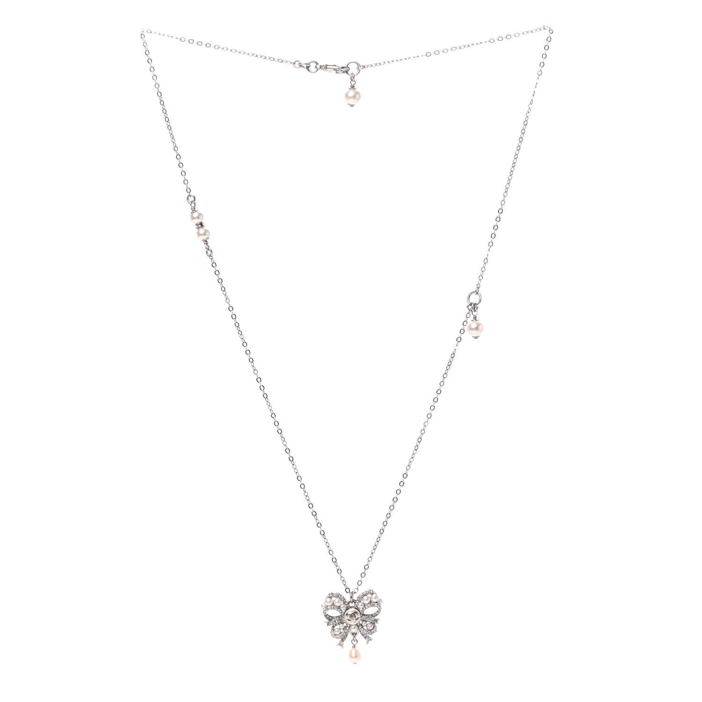 Crystal Pearl CC Bow Long Necklace Silver