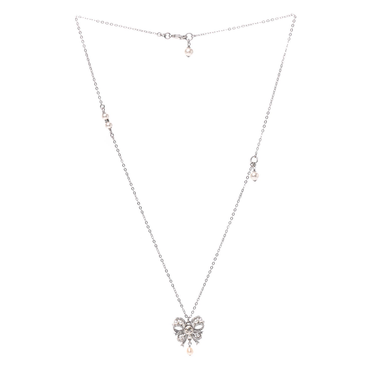 Chanel Crystal Pearl CC Bow Long Necklace Silver 3 of 4