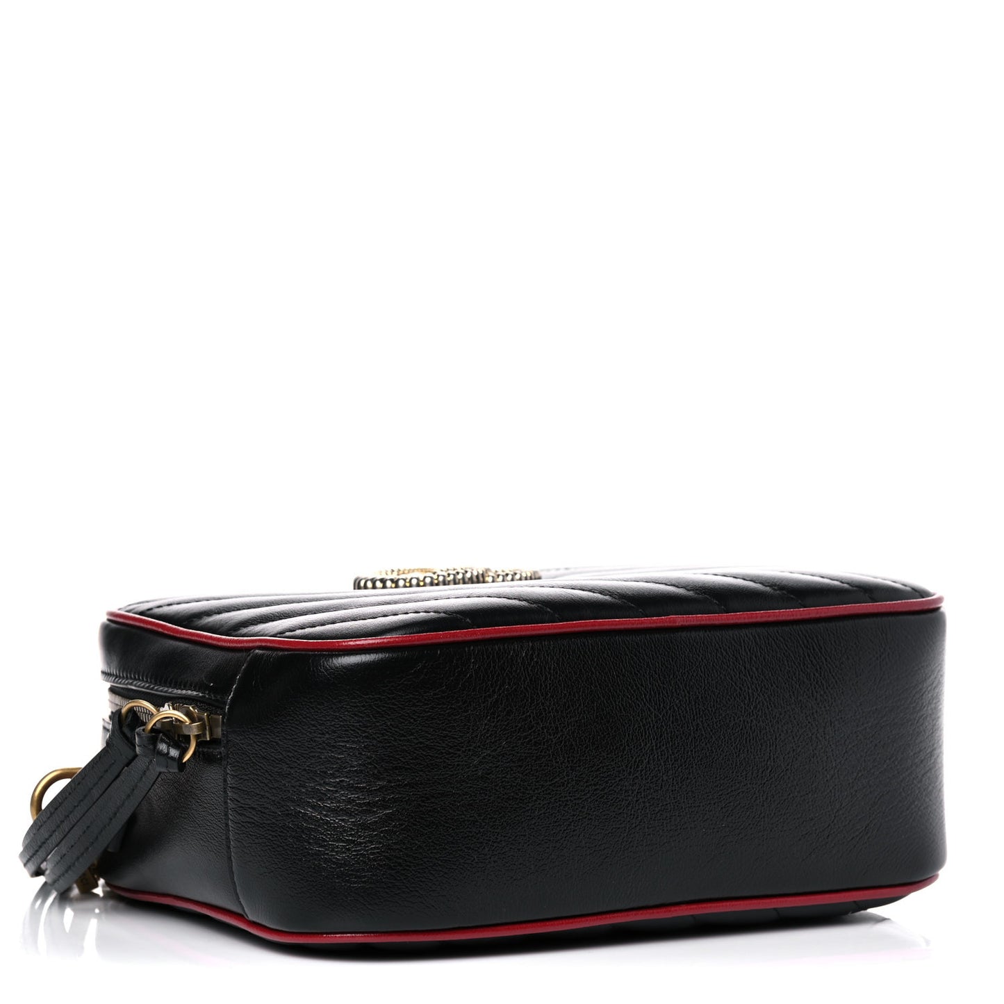 Vintage Effect Calfskin Matelasse Diagonal Small Torchon GG Marmont Bamboo Top Handle Shoulder Bag Black Romantic Cherry
