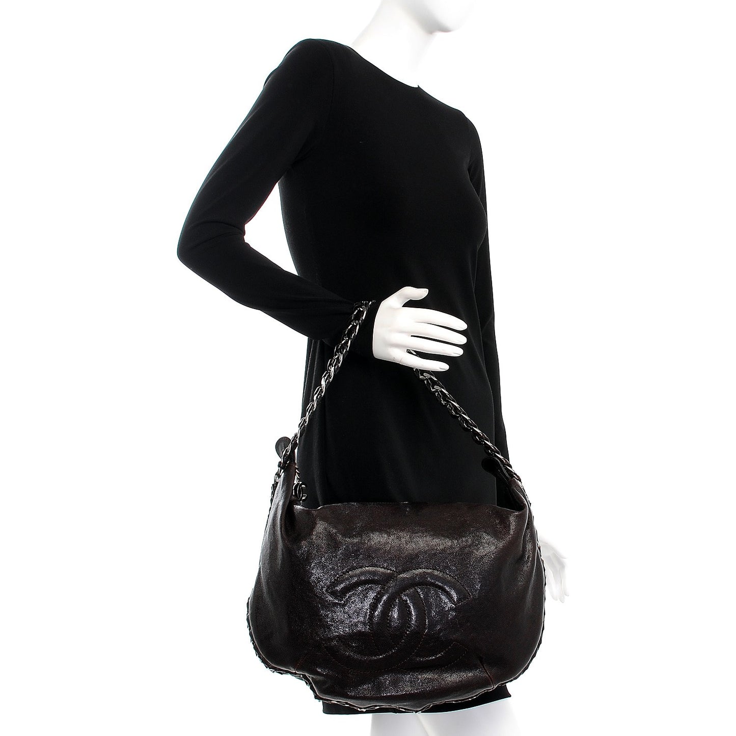 Glazed Caviar Modern Chain Hobo Brown