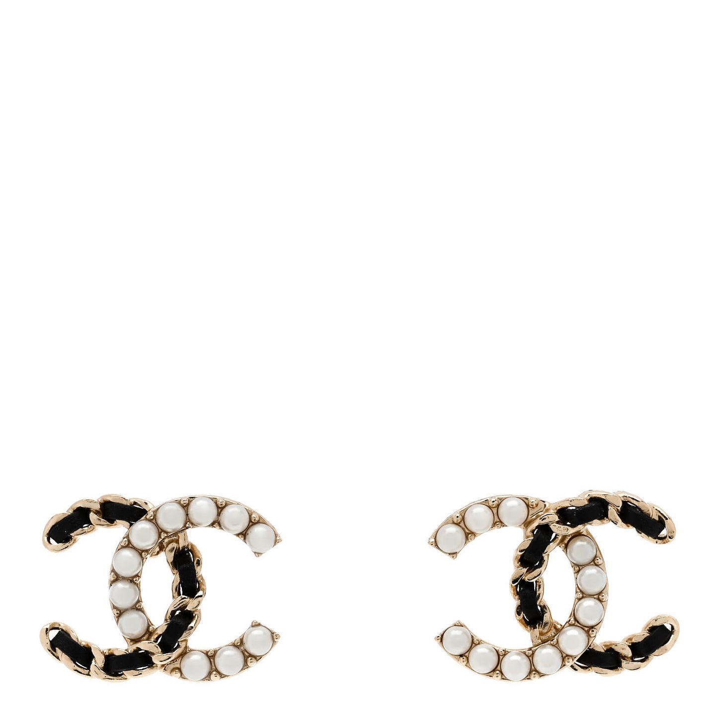 Pearl Lambskin Chain CC Stud Earrings Gold Black