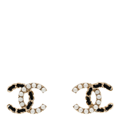 Chanel Pearl Lambskin Chain CC Stud Earrings Gold Black 1 of 5