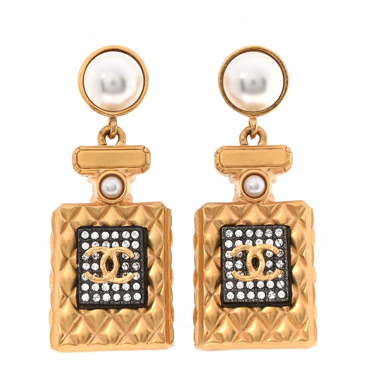 Chanel Crystal Pearl CC Perfume Bottle Drop Earrings Gold 1 of 5