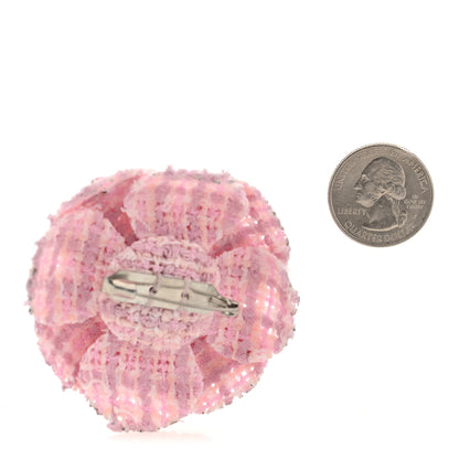 Chanel Tweed Camellia Brooch Pink White 2 of 3