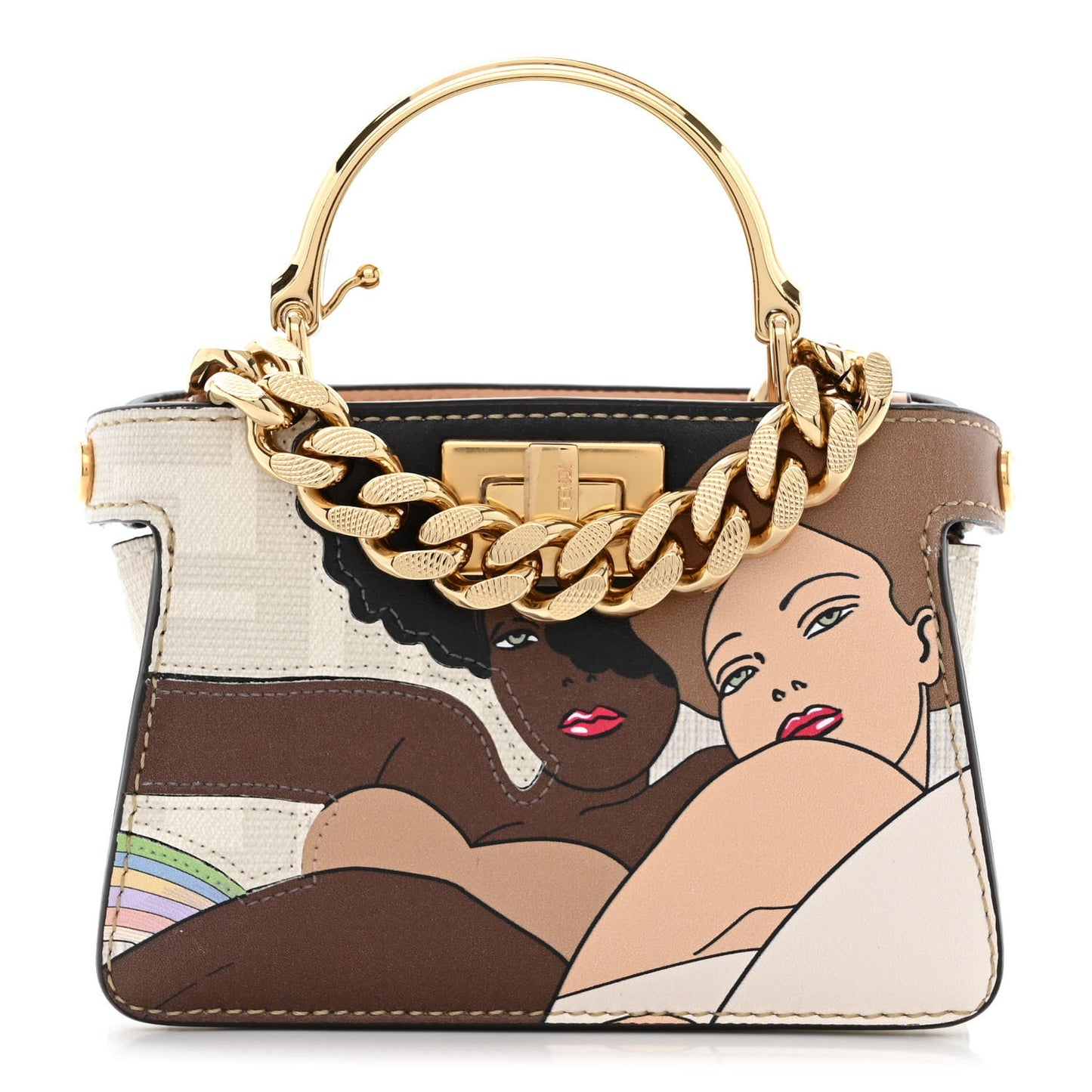 Glazed Fabric FF Bikini Girls Inlay Nano Peekaboo Maxi Handle Satchel Bianco Perla Multicolor