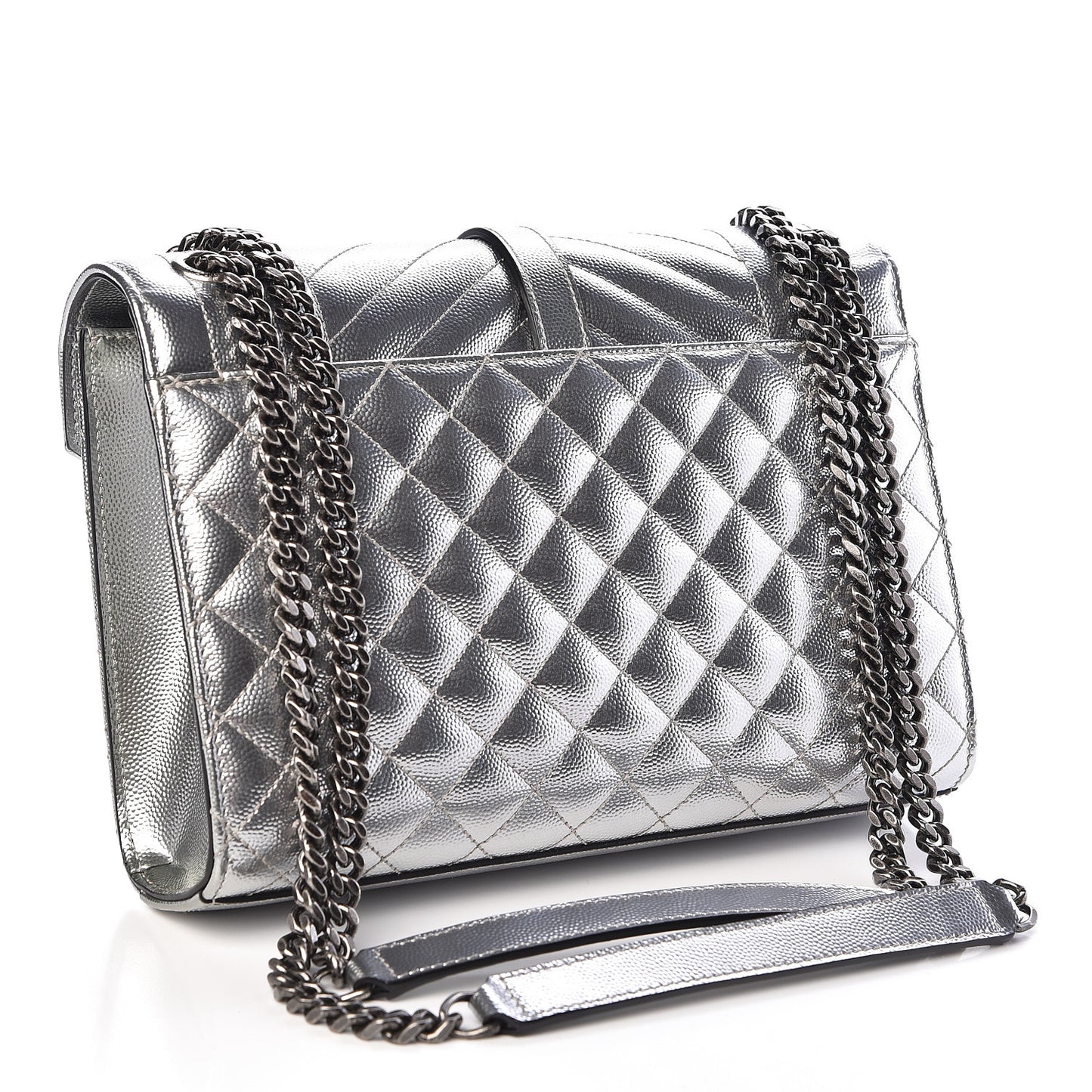 Metallic Grain De Poudre Textured Mixed Matelasse Triquilt Medium Monogram Satchel Silver
