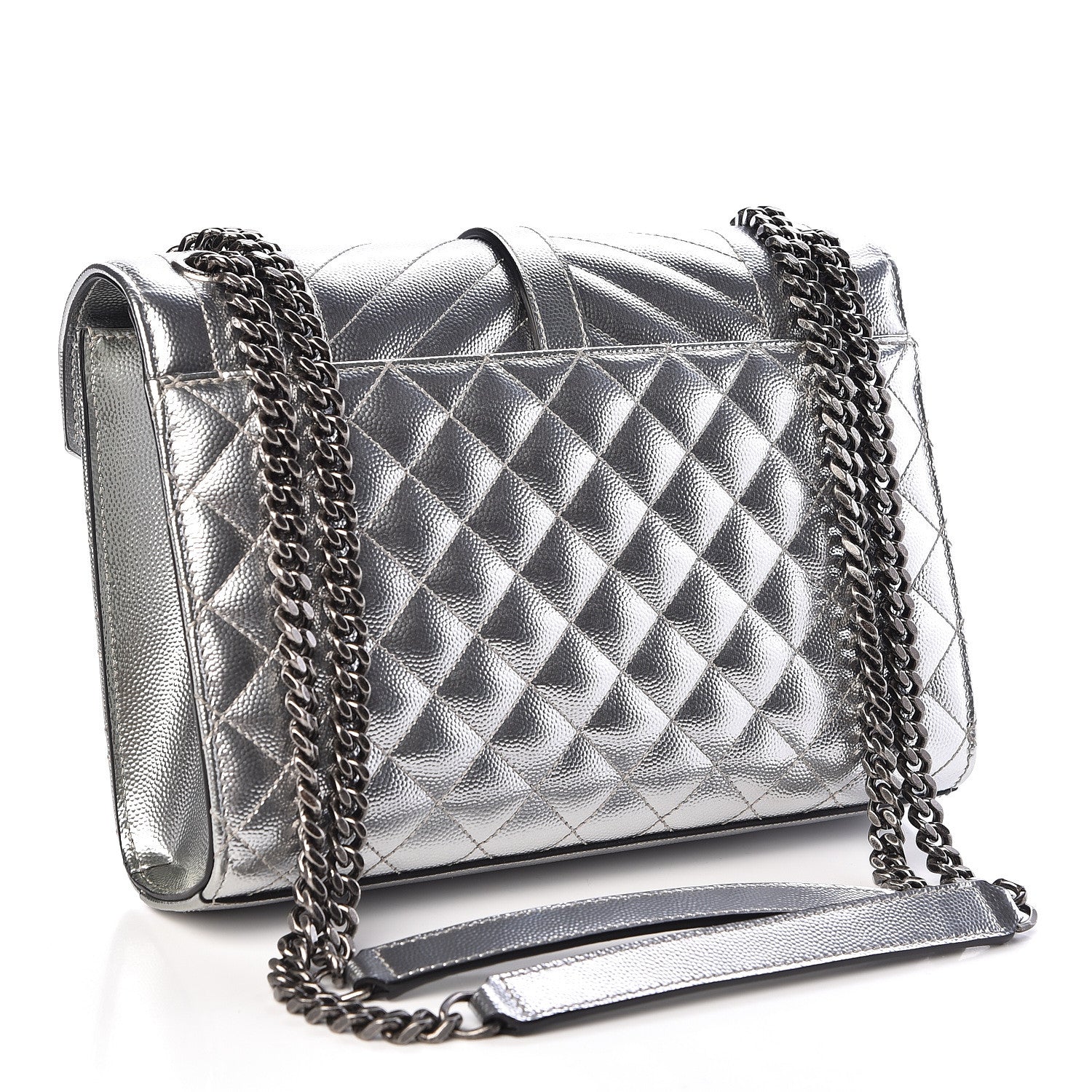 Saint Laurent Metallic Grain De Poudre Textured Mixed Matelasse Triquilt Medium Monogram Satchel Silver 3 of 10