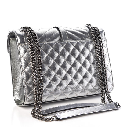 Saint Laurent Metallic Grain De Poudre Textured Mixed Matelasse Triquilt Medium Monogram Satchel Silver 3 of 10