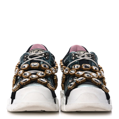 Gucci X SEGA Metallic Calfskin Removable Crystals Womens Flashtrek Sneakers 39 Lago Loess Silver 2 of 8