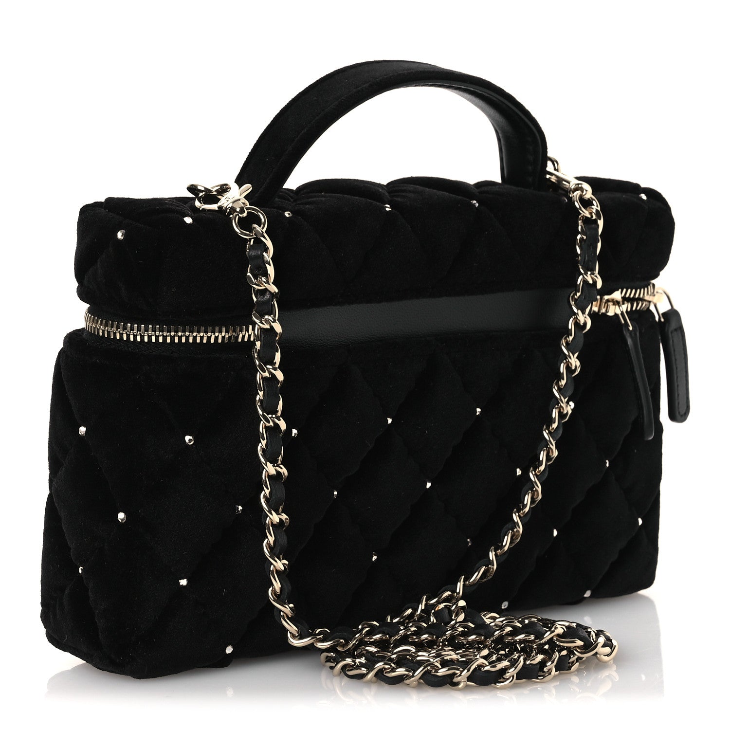 Chanel Velvet Diamanté Quilted Top Handle Slim Vanity Case With Chain Black 2 of 10