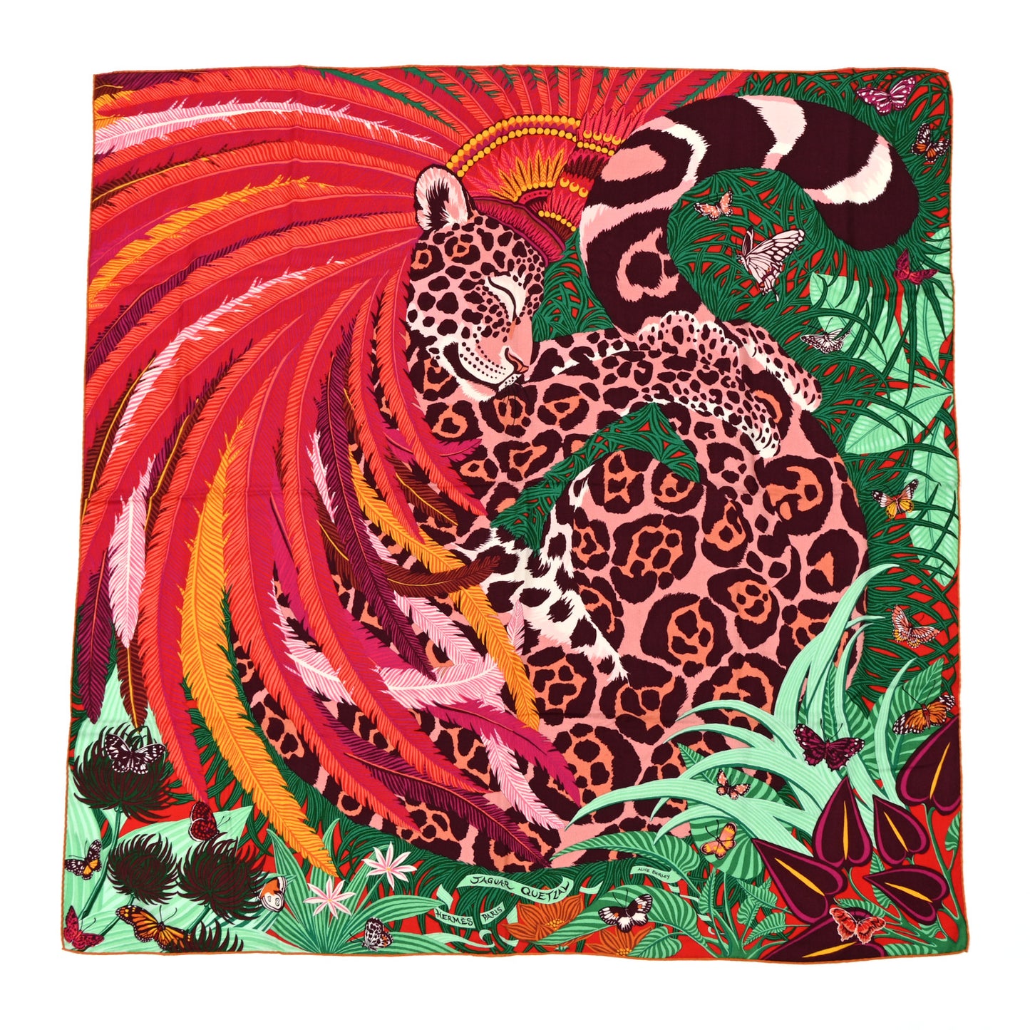 Cashmere Silk Jaguar Quetzal Shawl 140 Fuchsia Vert Jaune D'Or