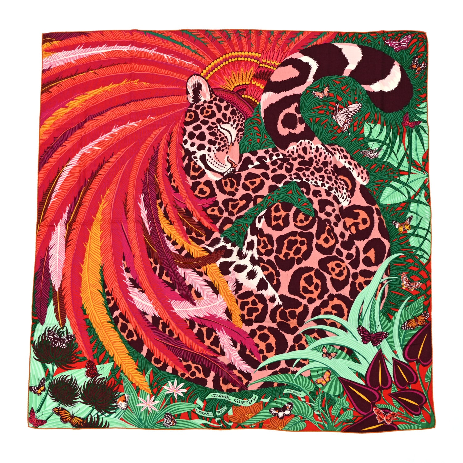 Hermes Cashmere Silk Jaguar Quetzal Shawl 140 Fuchsia Vert Jaune D'Or 1 of 5