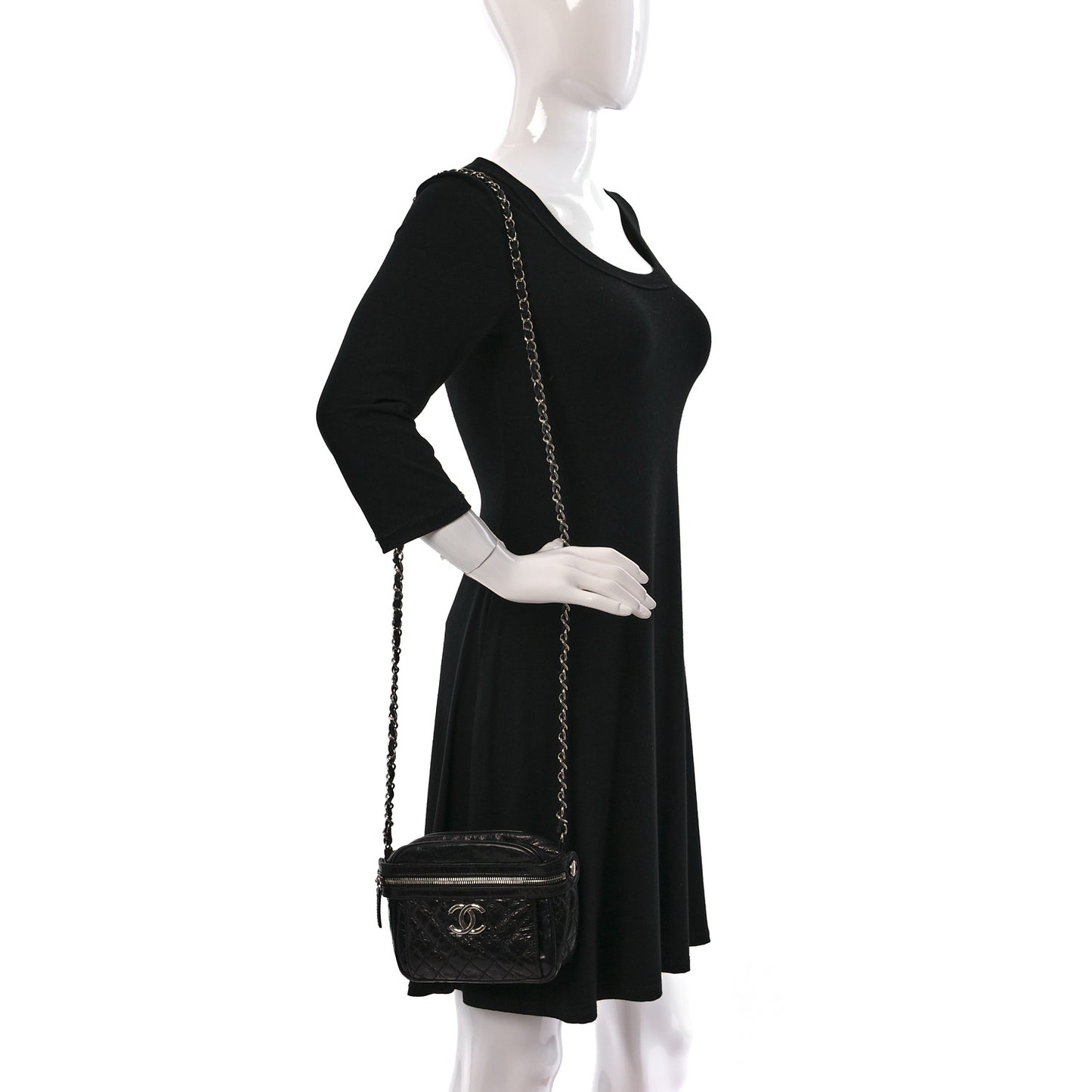 Glazed Crackled Calfskin Quilted CC Crossbody Black