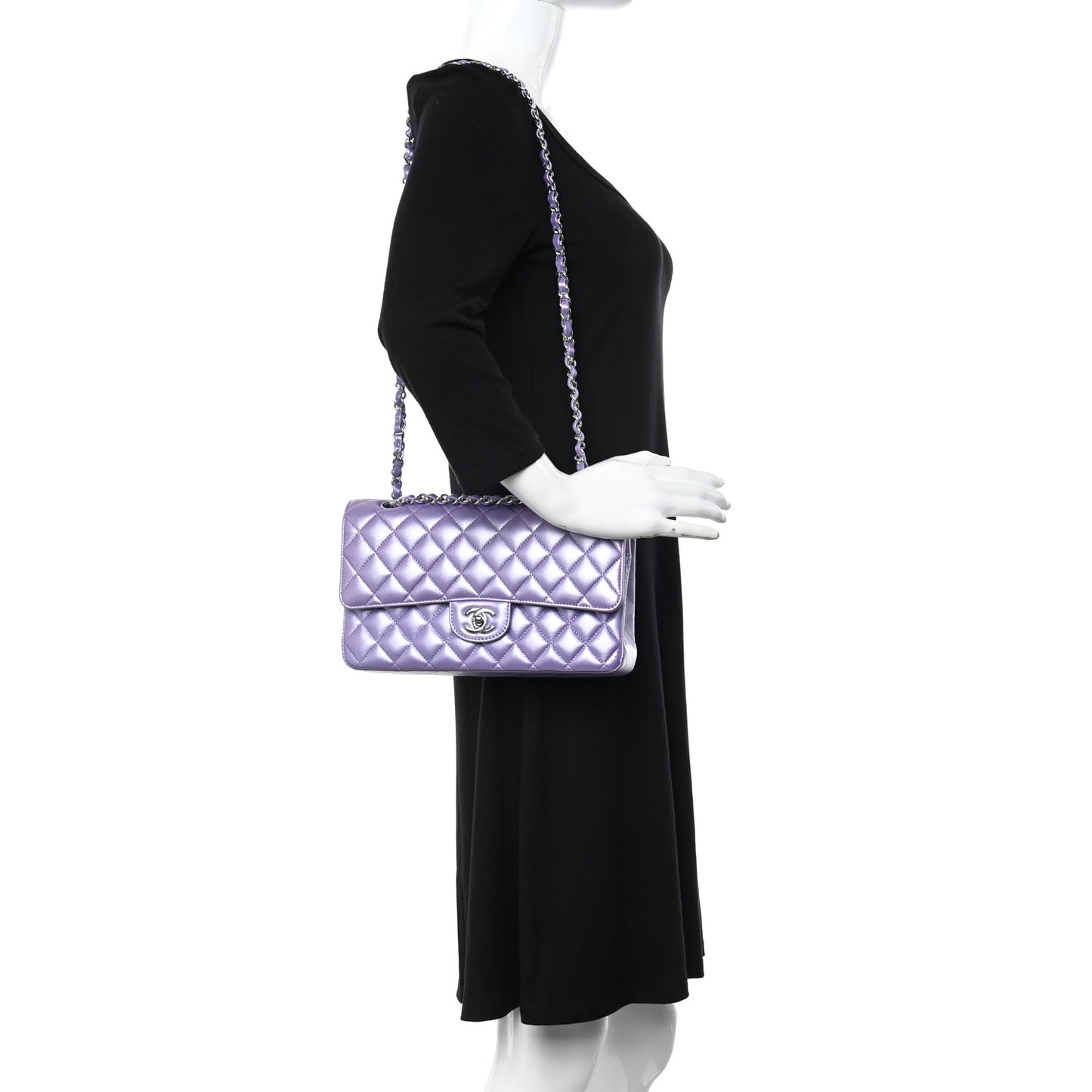 Metallic Lambskin Quilted Medium Double Flap Purple