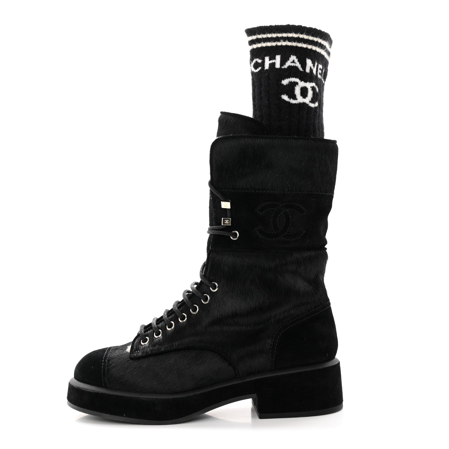 Chanel Suede Pony Hair Shearling Lace Up Combat Boots 38.5 Black White 1 of 11