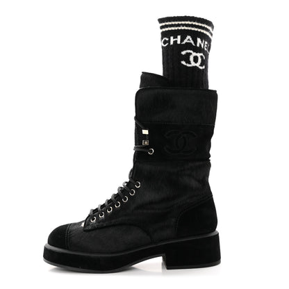 Chanel Suede Pony Hair Shearling Lace Up Combat Boots 38.5 Black White 1 of 11