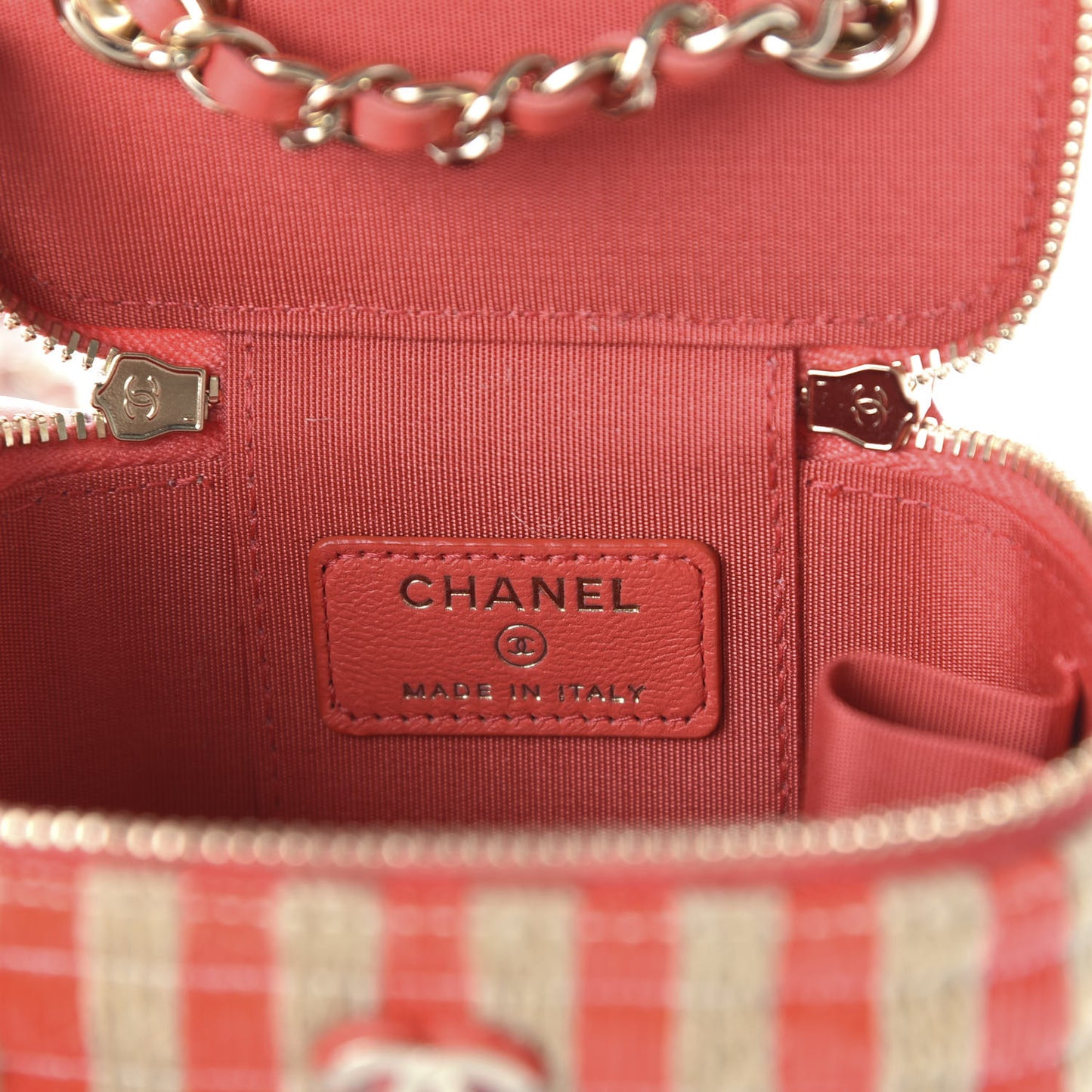 Raffia Jute Striped Mini Vanity Case With Chain Red Beige