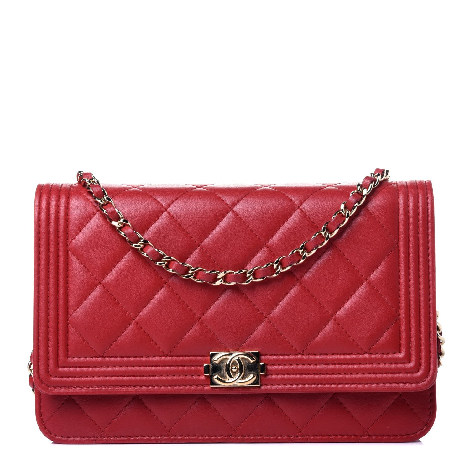 Chanel Lambskin Quilted Boy Wallet On Chain WOC Red 1 of 13