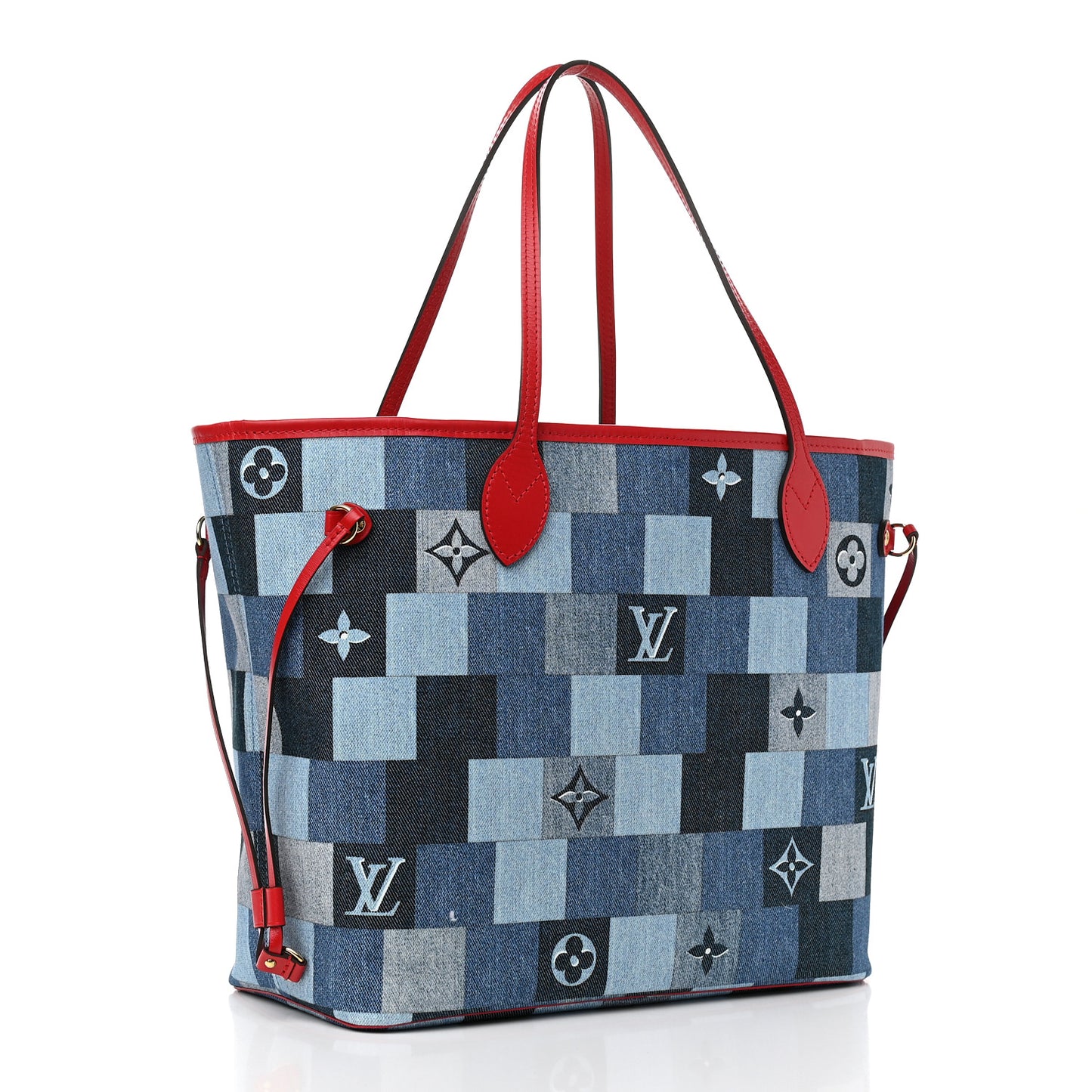 Denim Damier Monogram Patchwork Neverfull Blue Rouge