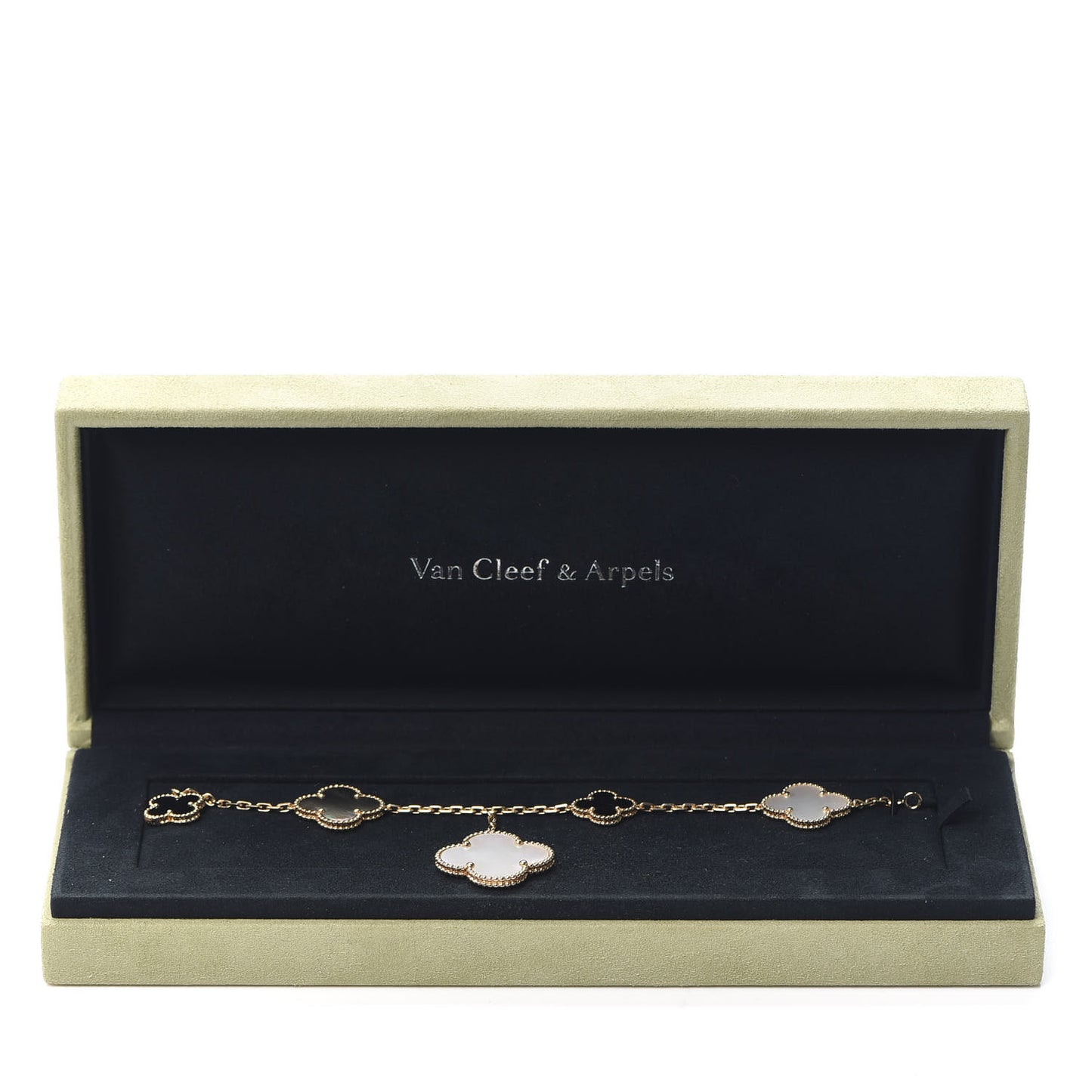 18K Yellow Gold Grey Mother of Pearl Black Onyx 5 Motifs Magic Alhambra Bracelet
