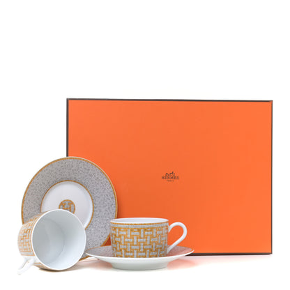 Hermes Porcelain Mosaique Au 24 Gold Tea Cup And Saucer Set Of 2 8 of 8