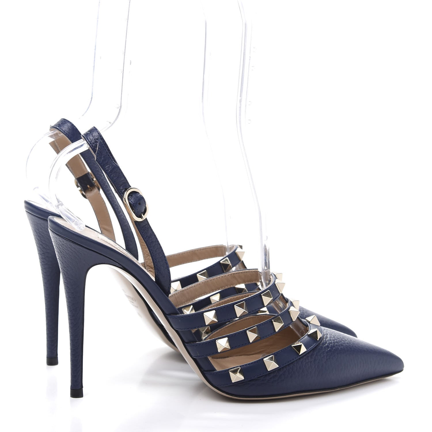 Valentino Garavani Pebbled Calfskin Rockstud Cage Slingback Pumps 40 Pure Blue 4 of 9