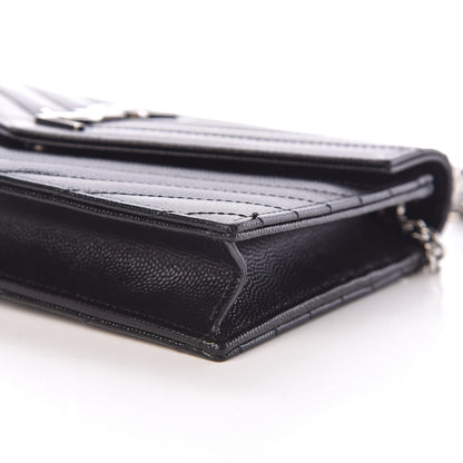 Saint Laurent Grain De Poudre Matelasse Chevron Monogram Envelope Chain Wallet Black 9 of 13