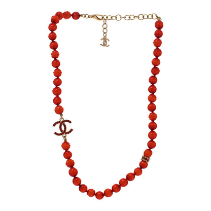 Chanel Pearl Glass Bead CC Necklace Golden Red 3 of 5