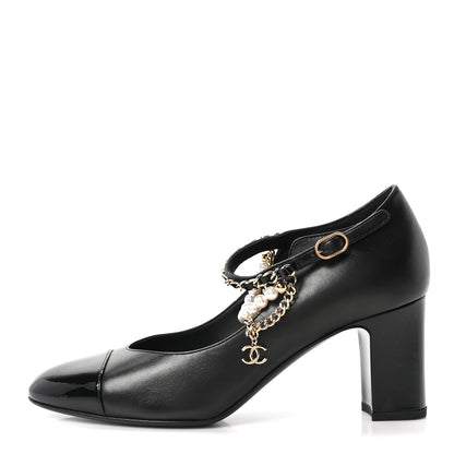 Chanel Shiny Lambskin Patent Calfskin Cap Toe Ankle Pearl Chain Pumps 39.5 Black 1 of 20