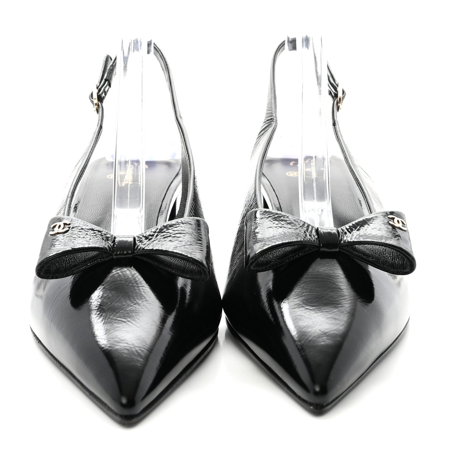 Crumpled Patent Calfskin CC Bow Slingback Pumps 37 Black