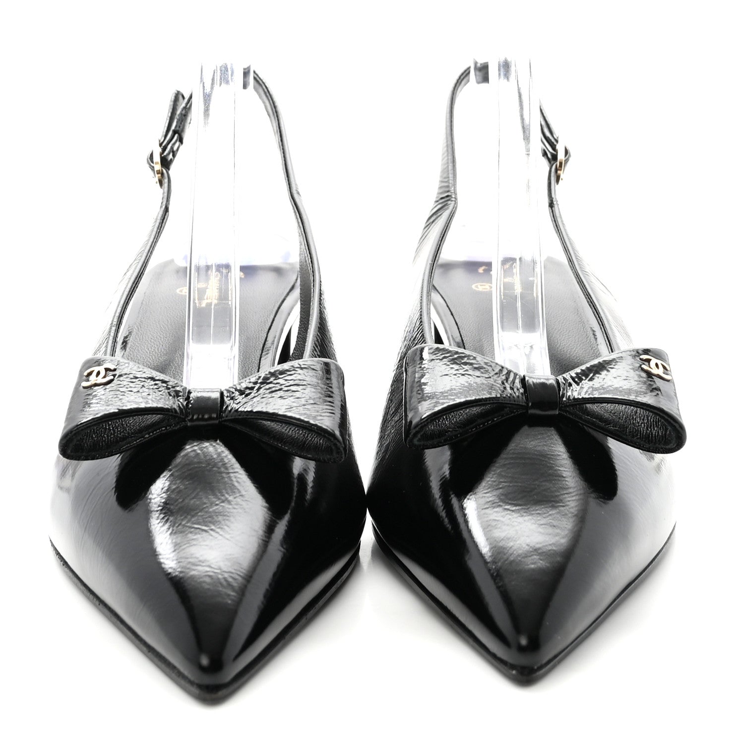 Chanel Crumpled Patent Calfskin CC Bow Slingback Pumps 37 Black 3 of 10