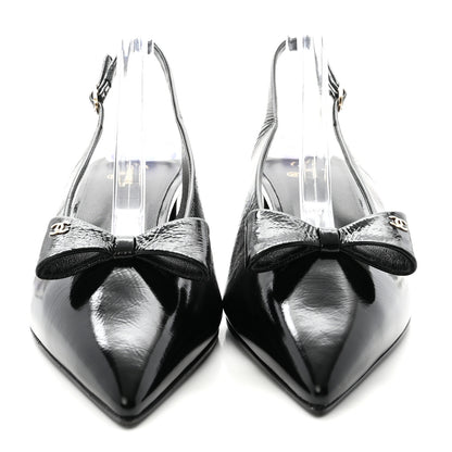 Chanel Crumpled Patent Calfskin CC Bow Slingback Pumps 37 Black 3 of 10