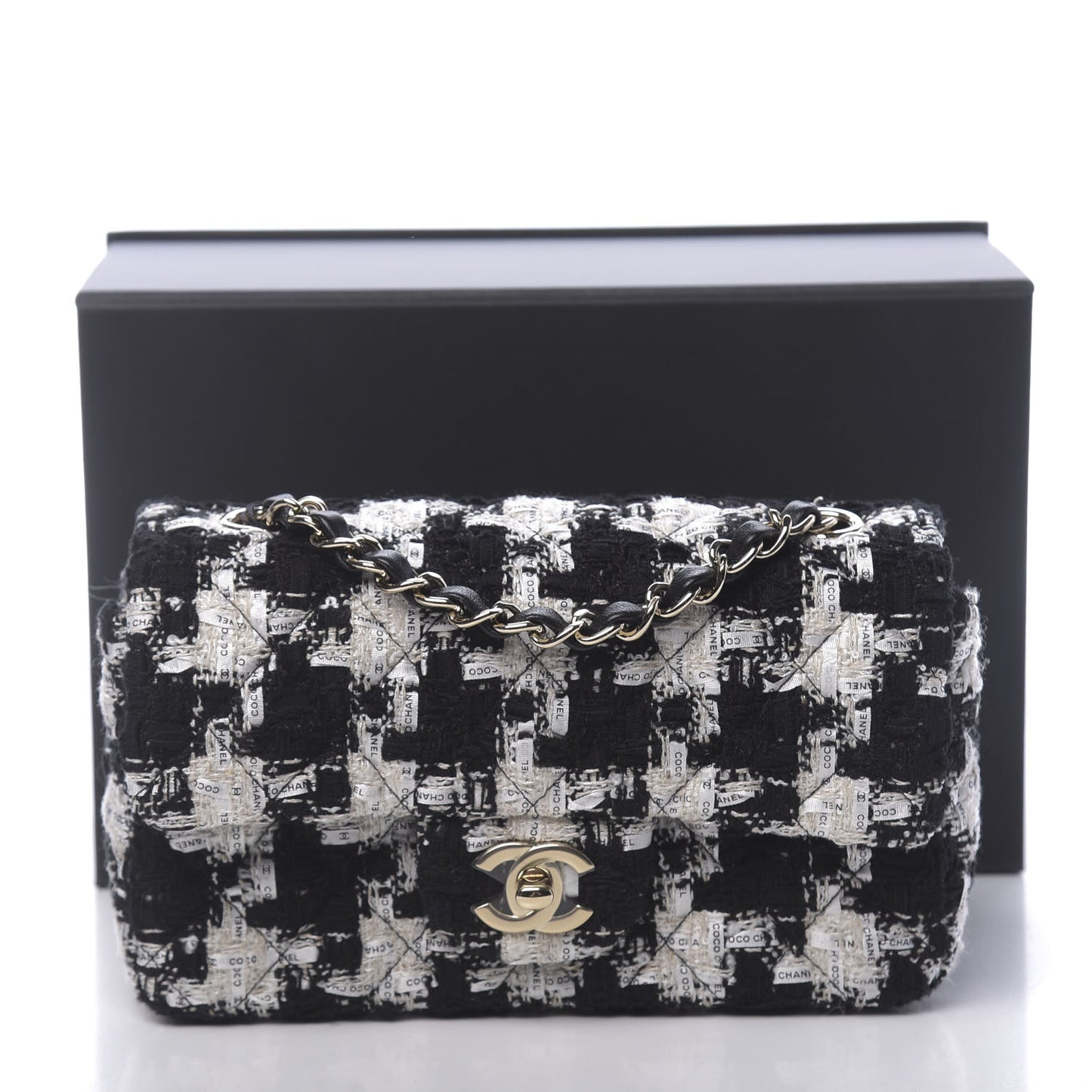 Tweed Quilted Mini Rectangular Flap Black Ecru White