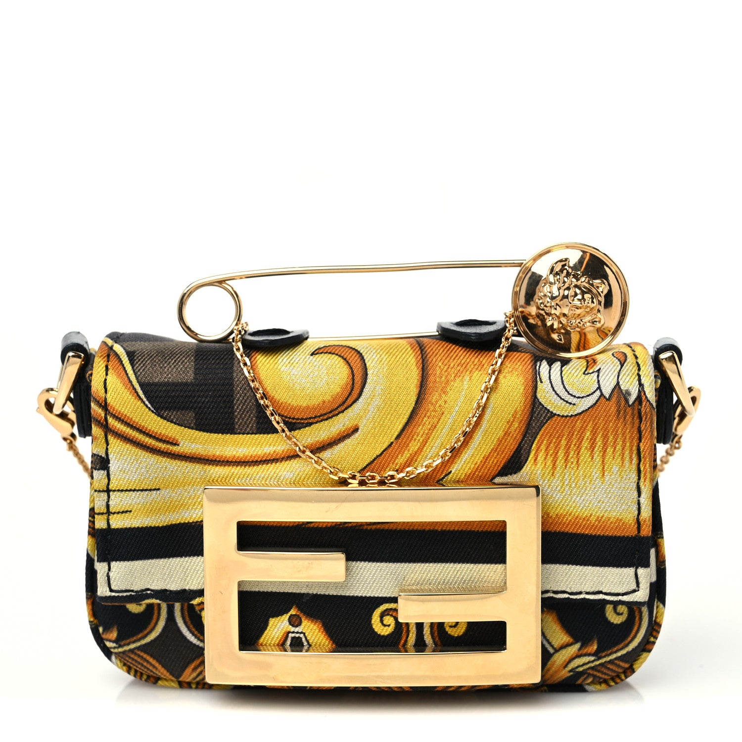 Fendi X VERSACE Silk Fendace FF Baroque Nano Brooch Baguette Black Gold 1 of 7