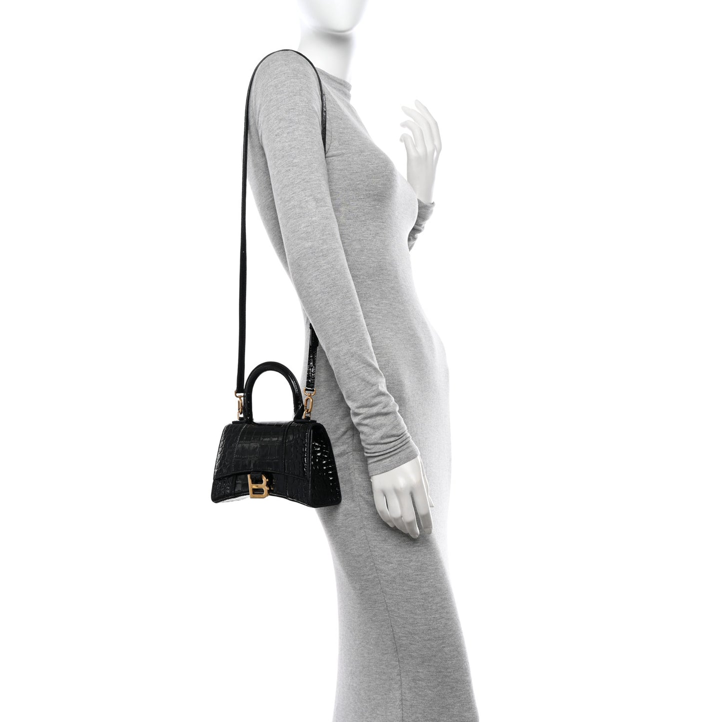 Shiny Calfskin Crocodile Embossed Hourglass Top Handle Bag XS Black