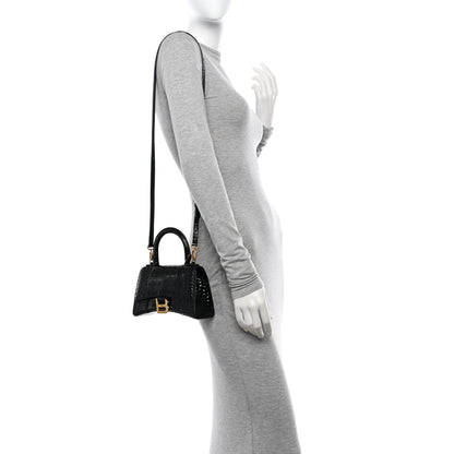 Balenciaga Shiny Calfskin Crocodile Embossed Hourglass Top Handle Bag XS Black 2 of 13