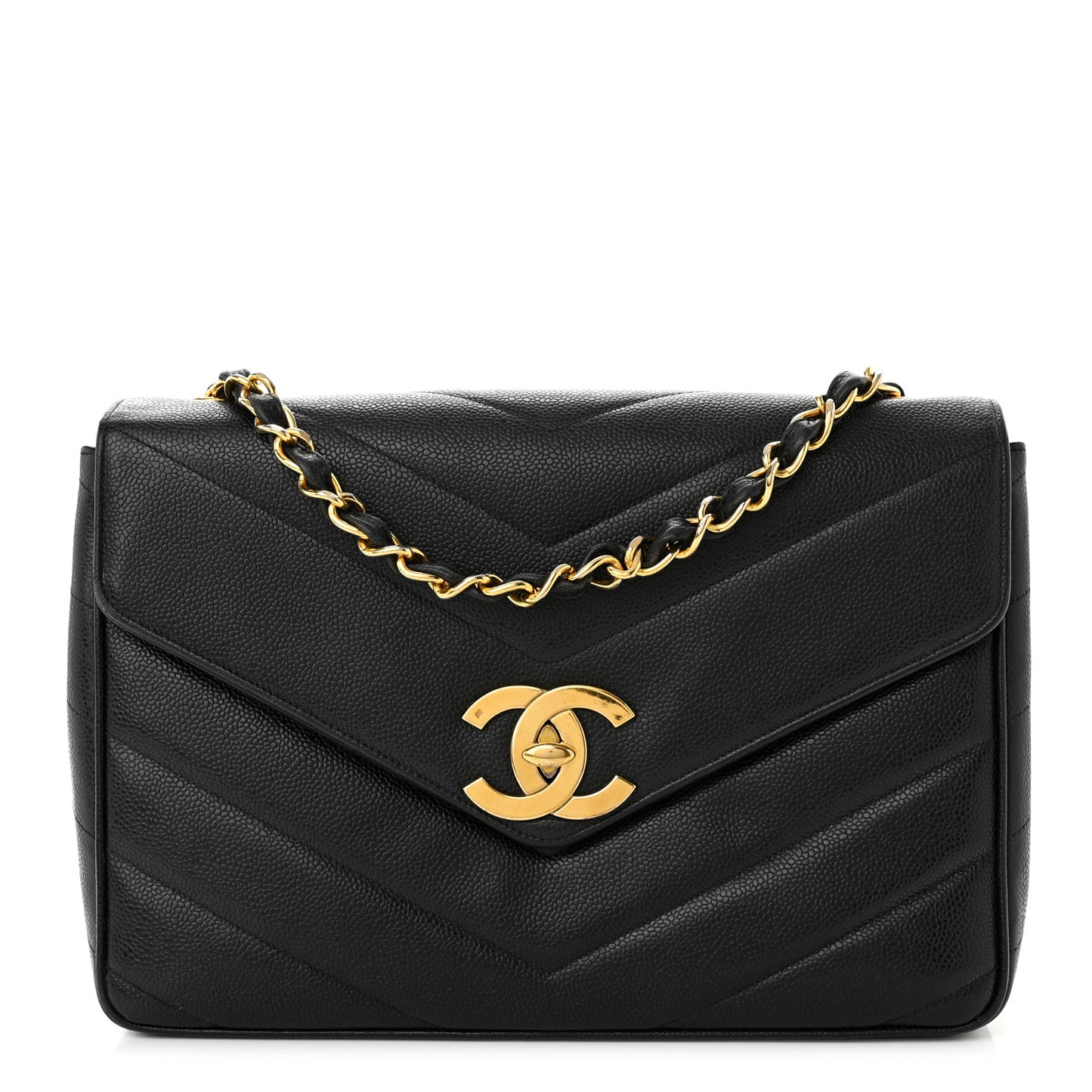 Caviar Chevron Quilted Jumbo Single Flap Black