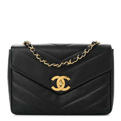Chanel Caviar Chevron Quilted Jumbo Single Flap Black 1 of 11