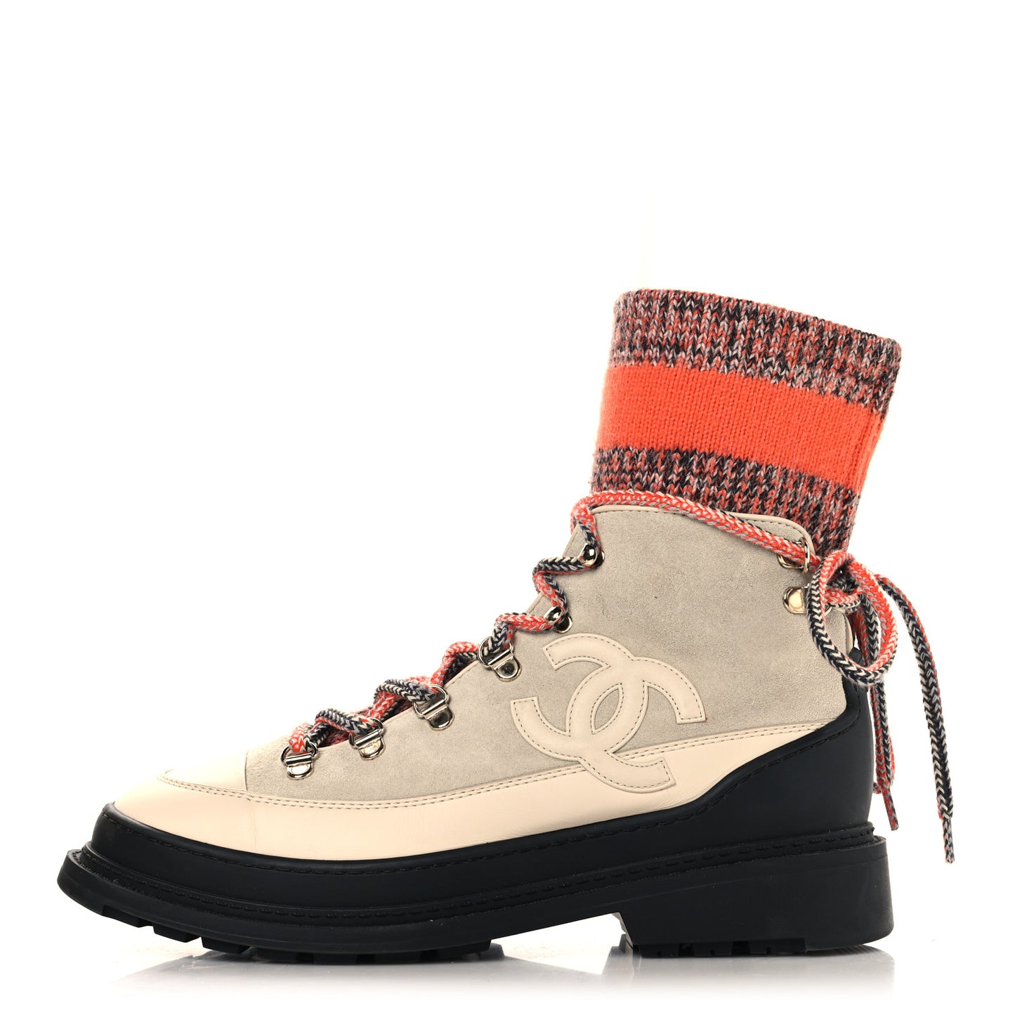 Calfskin Suede Calfskin Knit Womens Sock Lace Up Boots 39 Orange Dark Grey Ivory