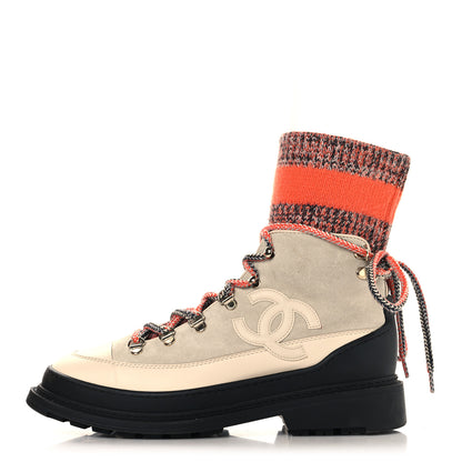 Chanel Calfskin Suede Calfskin Knit Womens Sock Lace Up Boots 39 Orange Dark Grey Ivory 1 of 8