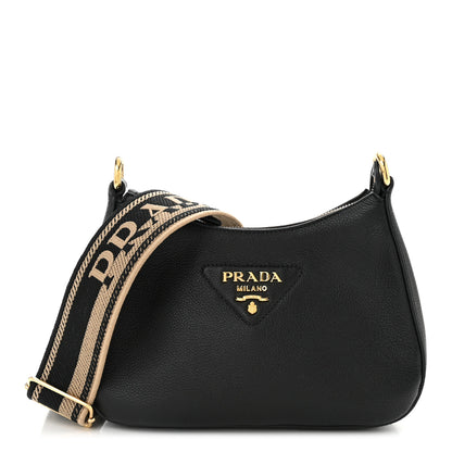 Prada Vitello Daino Soft Zippered Hobo Shoulder Bag Black 1 of 10