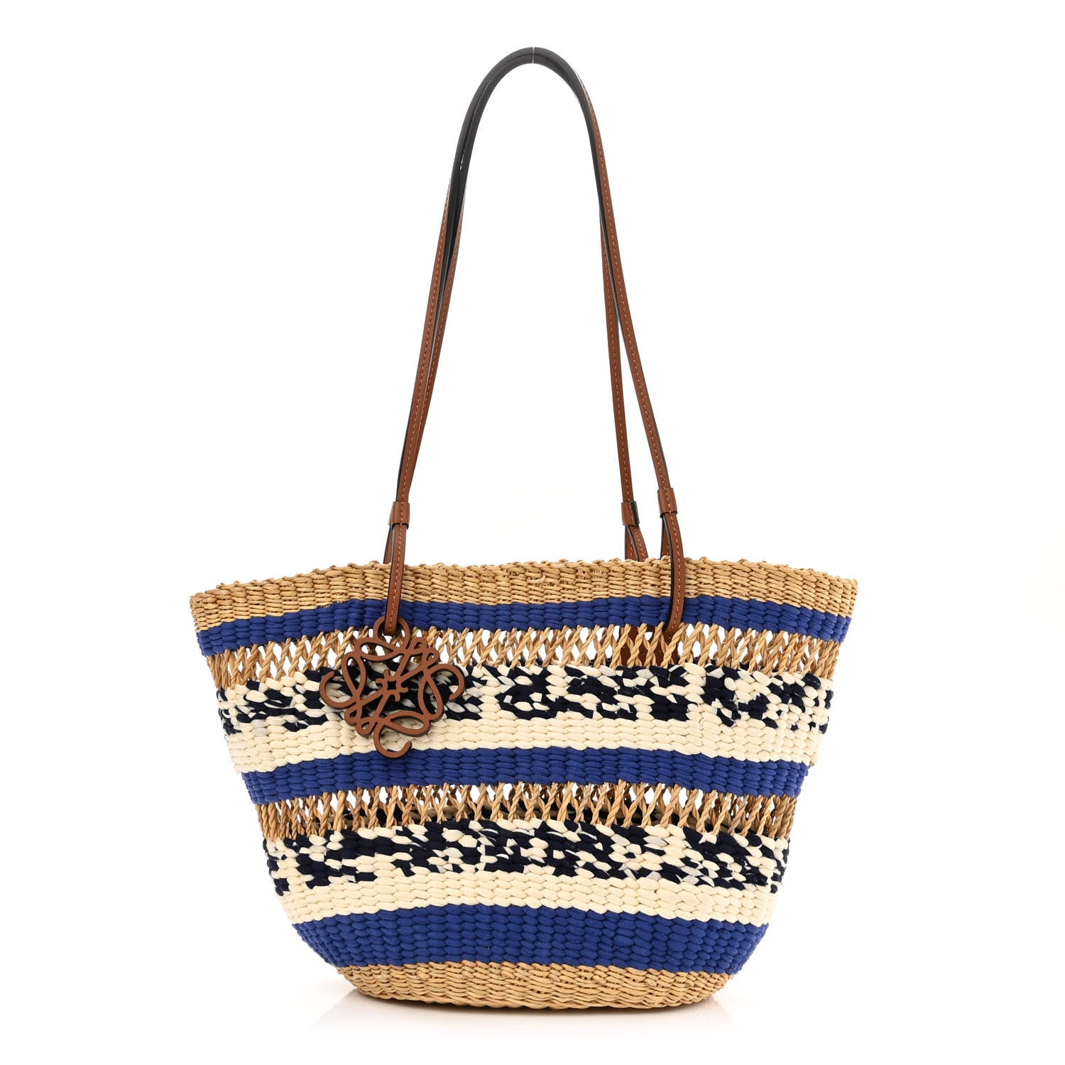 Loewe Elephant Grass Fabric Calfskin Woven Basket Tote Natural Blue 1 of 10