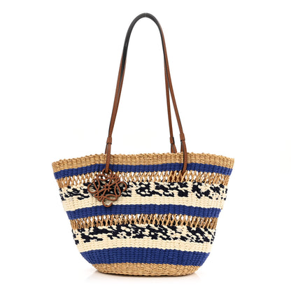 Loewe Elephant Grass Fabric Calfskin Woven Basket Tote Natural Blue 1 of 10